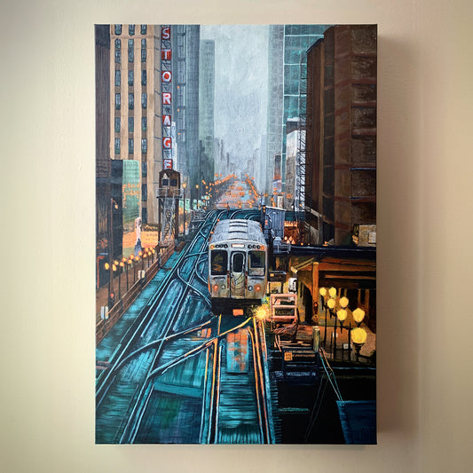 Foggy Downtown Train Original Art