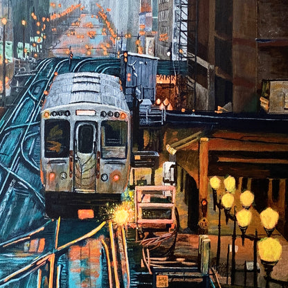 Foggy Downtown Train Original Art