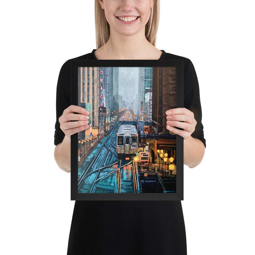 Foggy Downtown Train Framed Print