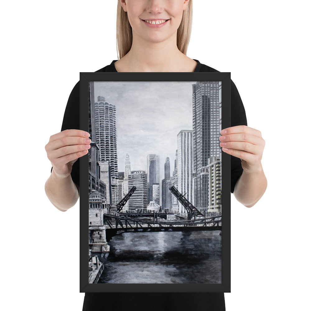 Downtown Bridges in Gray Framed Print