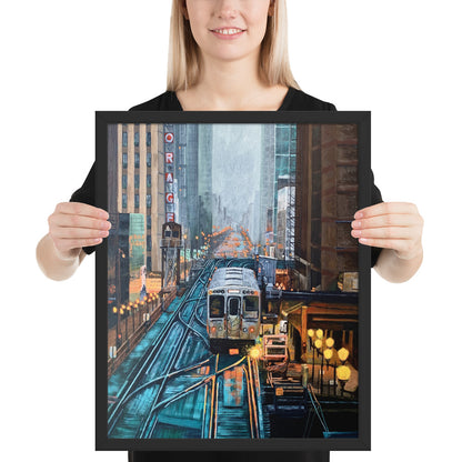 Foggy Downtown Train Framed Print