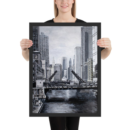 Downtown Bridges in Gray Framed Print