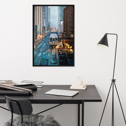 Foggy Downtown Train Framed Print