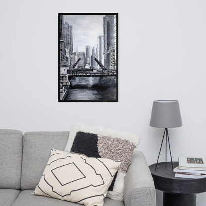 Downtown Bridges in Gray Framed Print