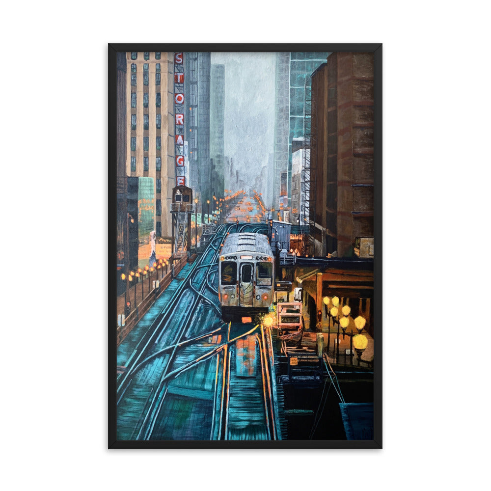 Foggy Downtown Train Framed Print