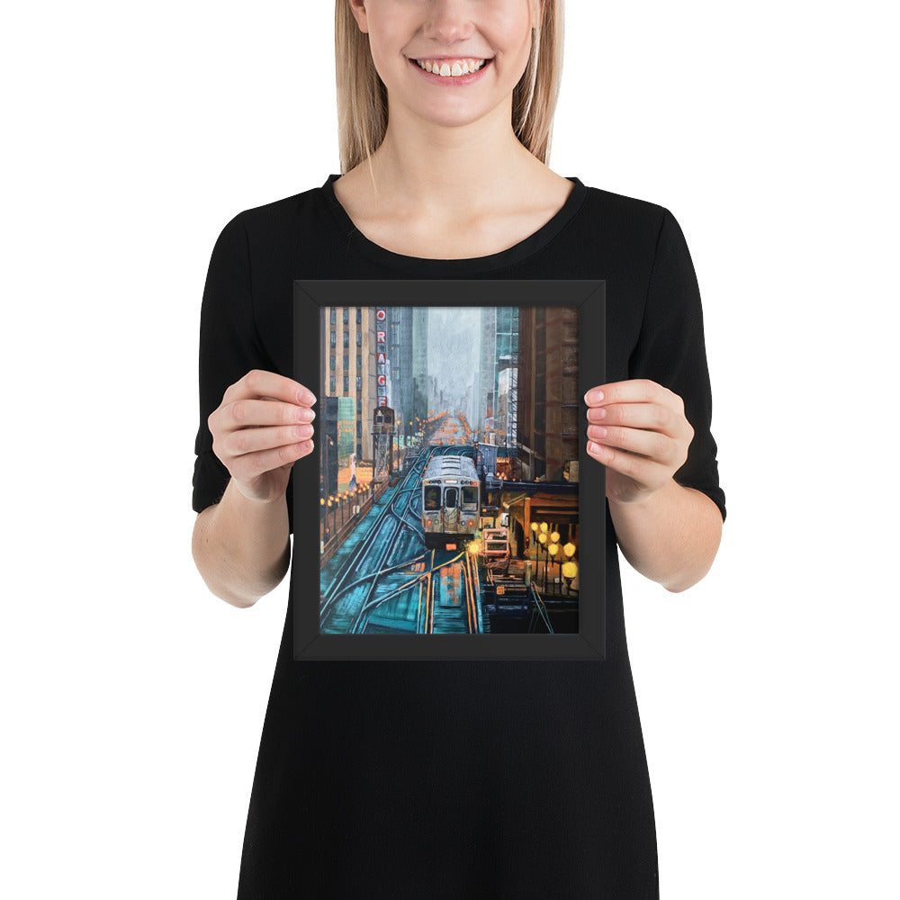 Foggy Downtown Train Framed Print