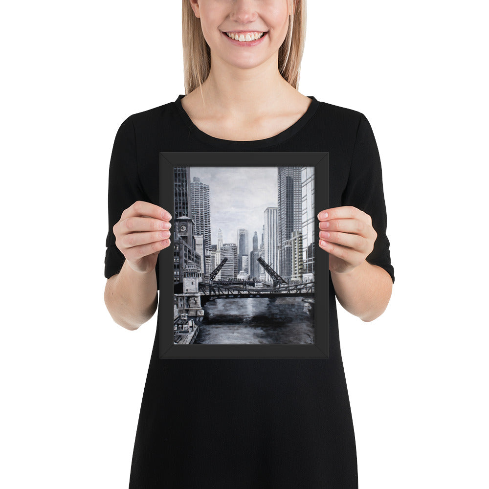 Downtown Bridges in Gray Framed Print