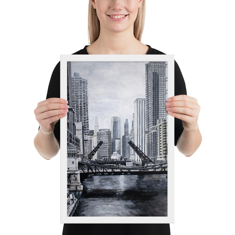 Downtown Bridges in Gray Framed Print