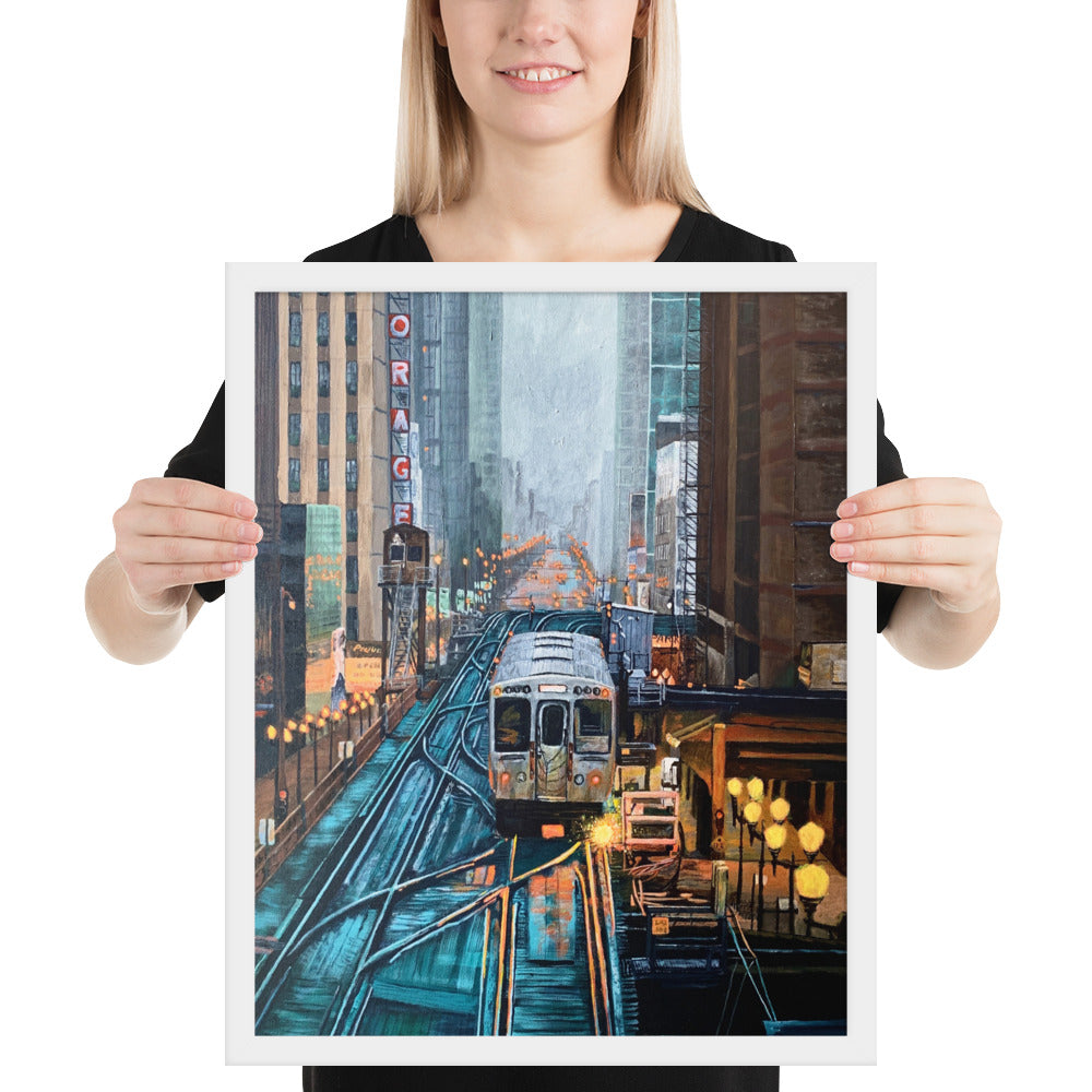 Foggy Downtown Train Framed Print