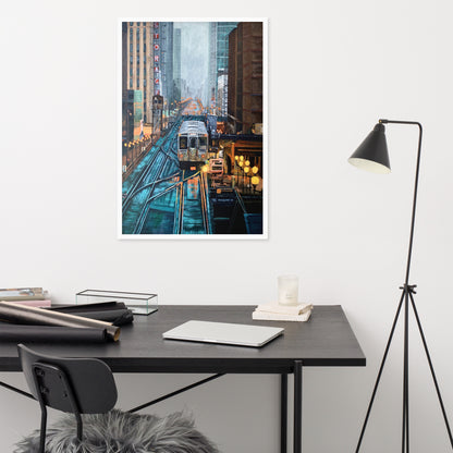 Foggy Downtown Train Framed Print