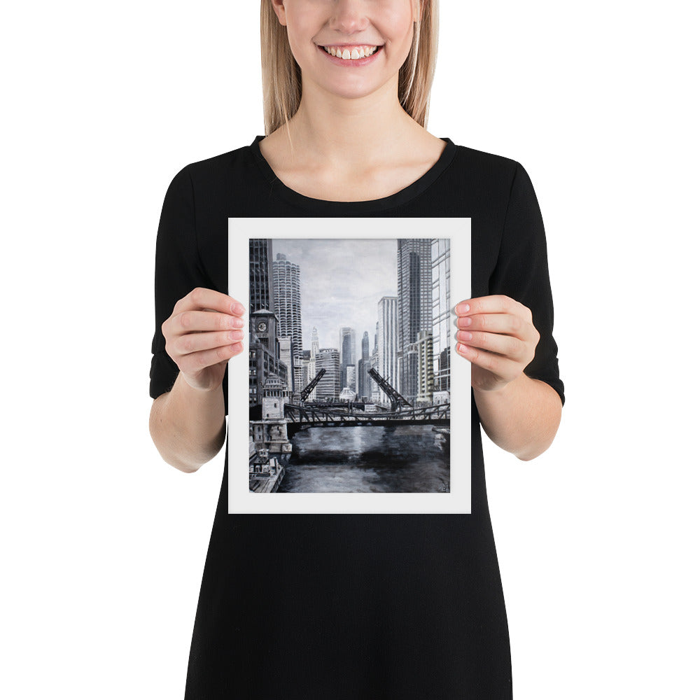 Downtown Bridges in Gray Framed Print