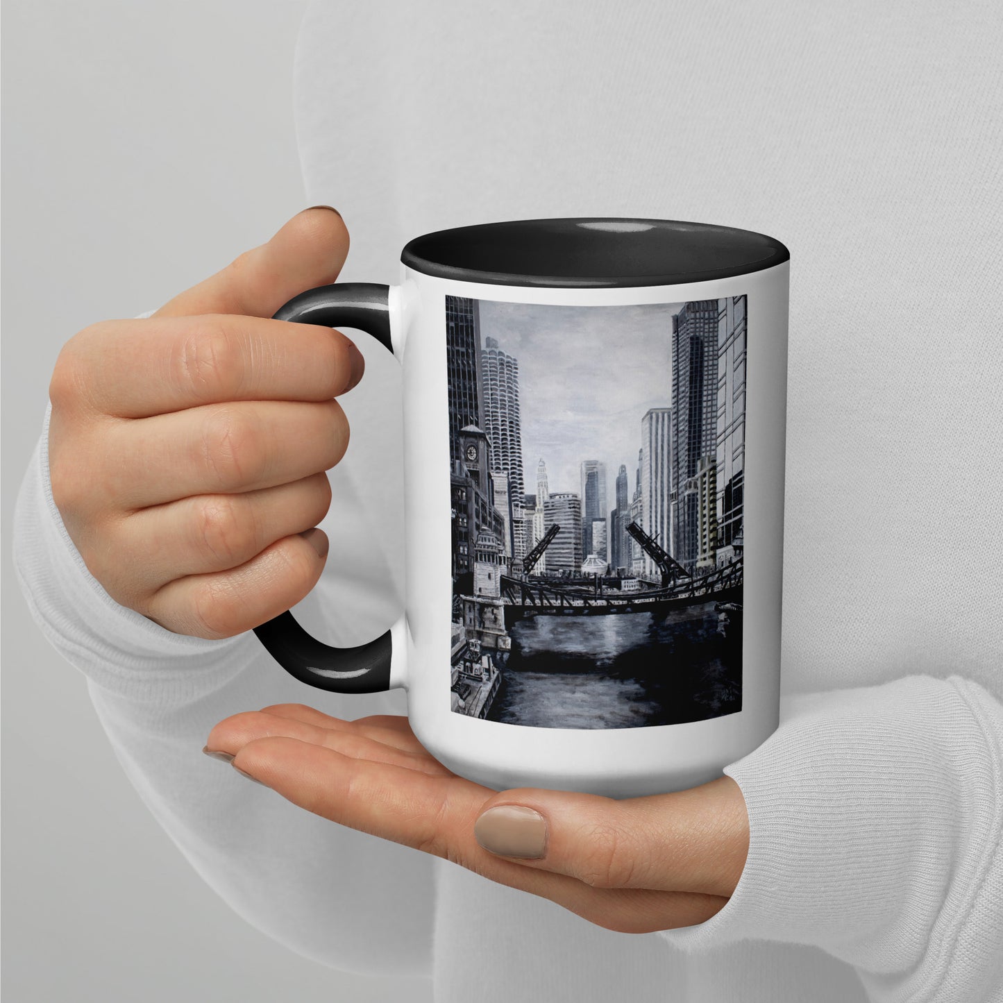 Downtown Bridges in Gray Mug with Color Inside